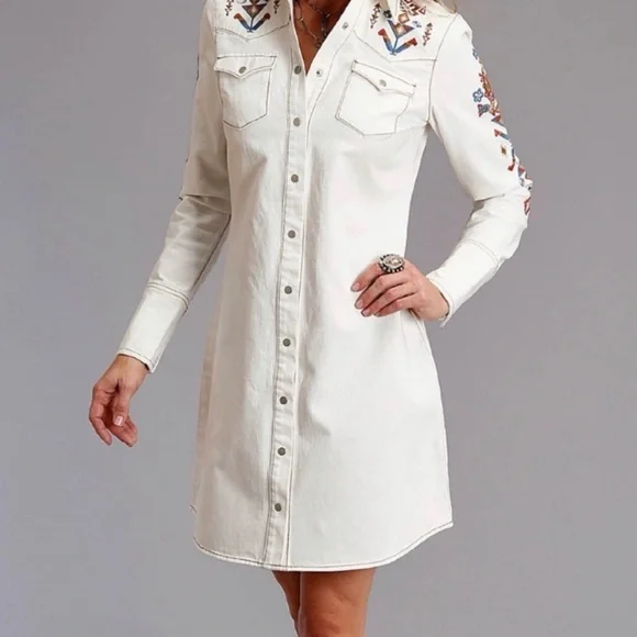 StetsonEmbroidered White Long Sleeve Dress Small - Picture 3 of 10
